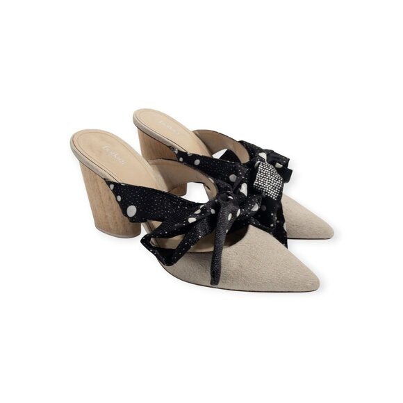 Botkier Hampton Ribbon Bow Mules With Polka Dots & Wooden Block Heels Linen - Picture 4 of 16